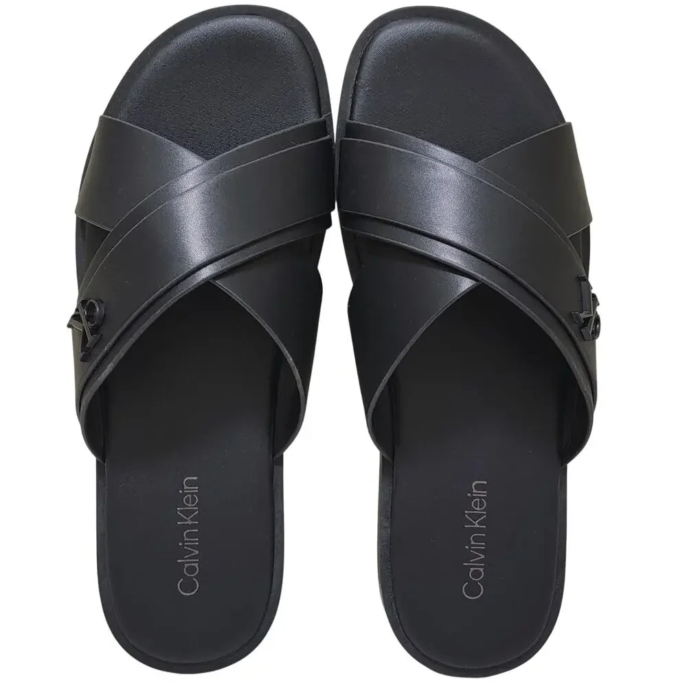 Calvin Klein Men Elern Cross Strap Slide Sandals Size US 9M Black Faux Leather